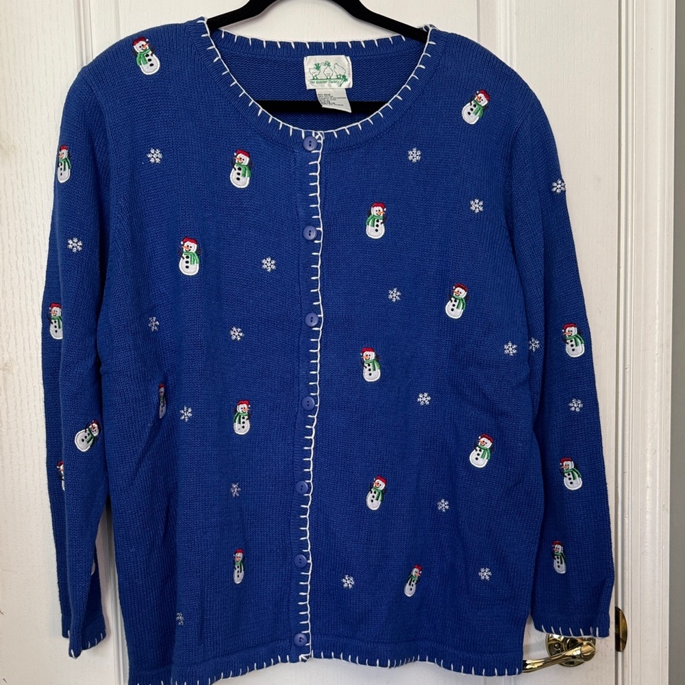 Quacker Factory Blue Snowman Cardigan